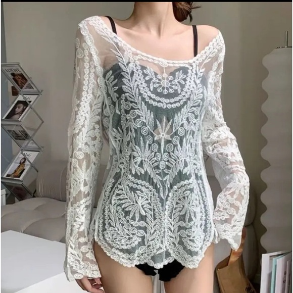 Lace crochet embroidery Long sleeve blouse mesh cream swimsuit cover up - Picture 5 of 8